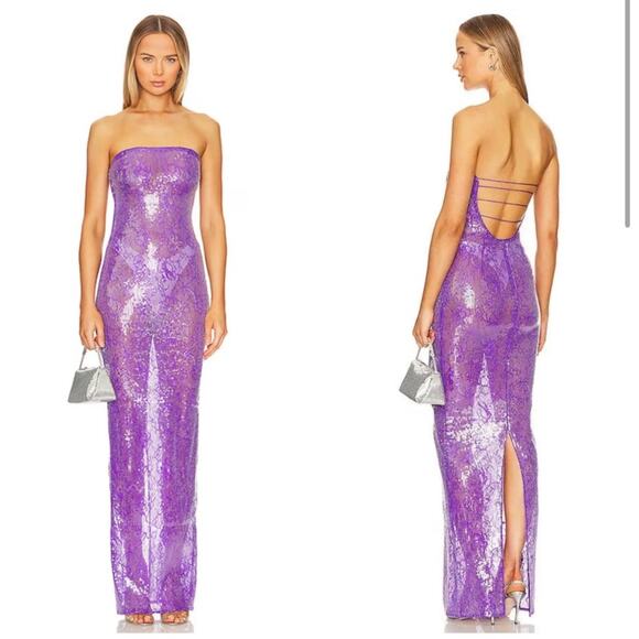 Retrofete Lucie Sequin Lace Semi Sheer Maci Dress Amethyst Purple Medium NEW - Picture 1 of 12